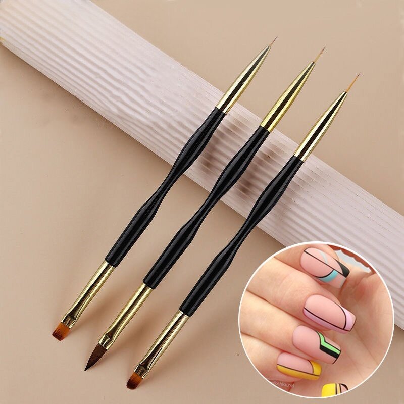Group Head Brush - 極細彫刻、線描、フック＆ループブラシ付きのダブルヘッドネイルアートペイントペン3本セット、ネイルアート用