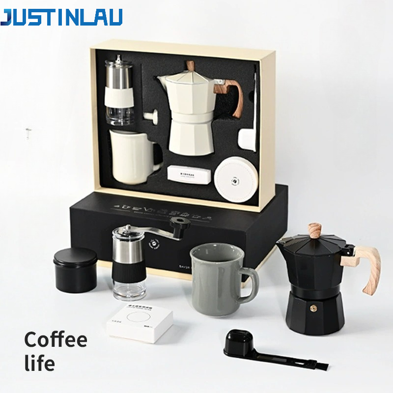 Coffee Equipment Gift Set - JUSTINLAU 手動コーヒーグラインダーセット エスプレッソメーカー モカポット 豆保存ジャー セラミックカップ