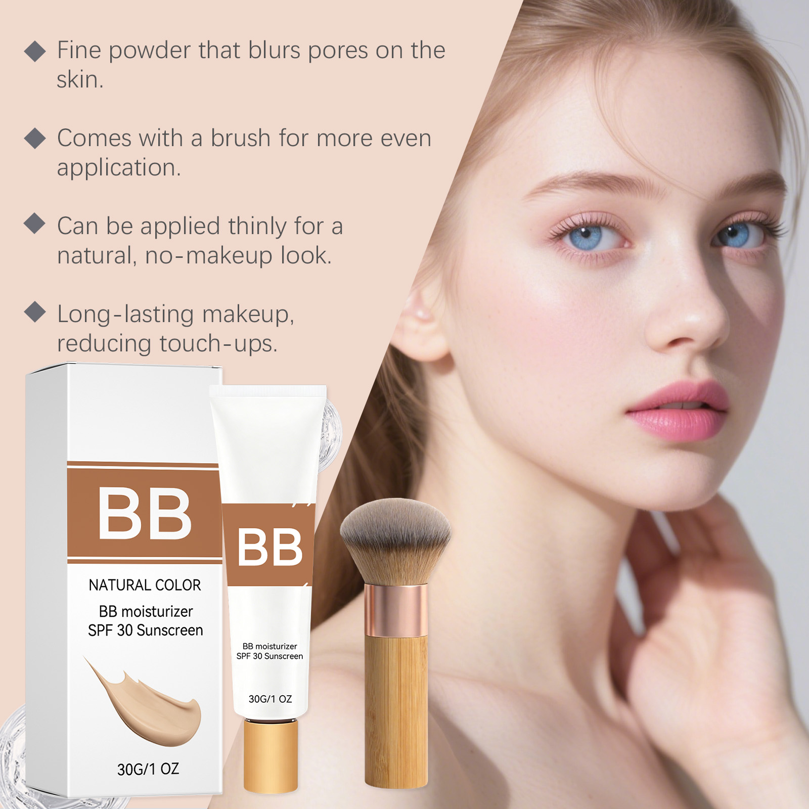 SPF30配合の色付き保湿BBクリーム、ヒアルロン酸配合で肌 - Group Head Brush のレビューと価格
